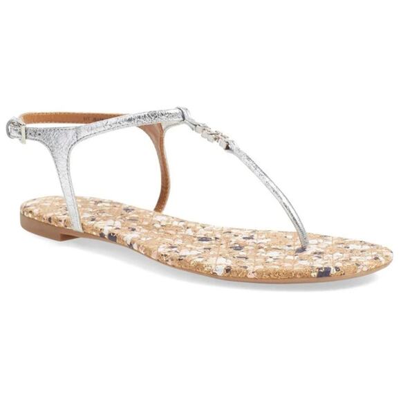 TORY BURCH Marion Logo Confetti Quilted T-Strap Sandal Silver Metallic Leather 8 - Picture 1 of 9